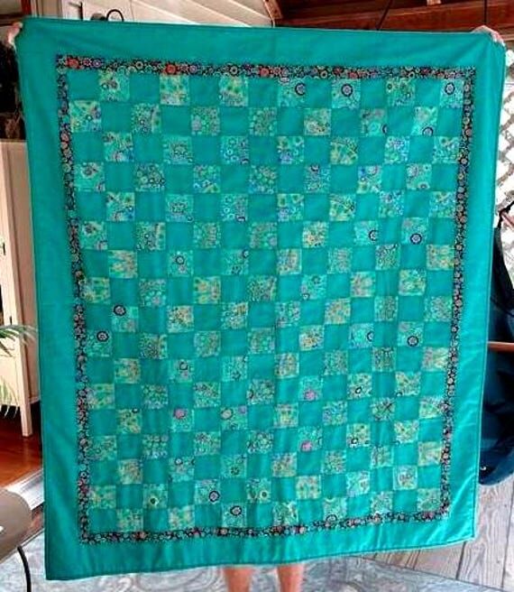 Handmade Patchwork Lap Quilt in warm greens. ...