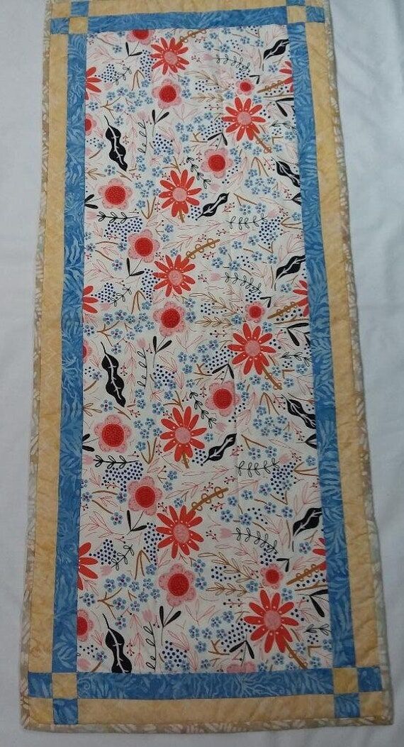 Batik-Floral Table Runner, in Blue, Yellow an...