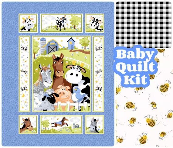 Baby quilt kit, farm animals, horses cows she...