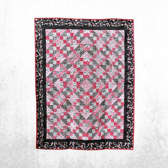Red Black Patchwork Quilt, Handmade Throw Qui...