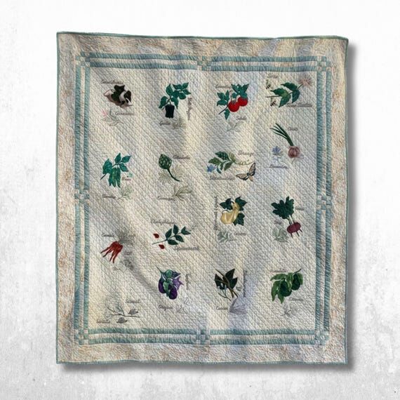 Handmade Embroidered Garden Quilt - Herbs and...