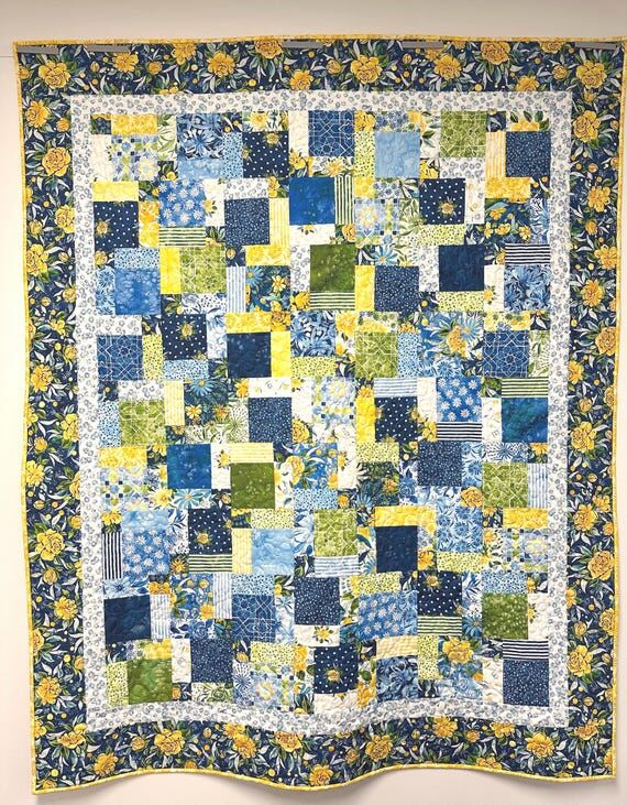Handmade Patchwork Quilt: Blue Yellow Floral ...