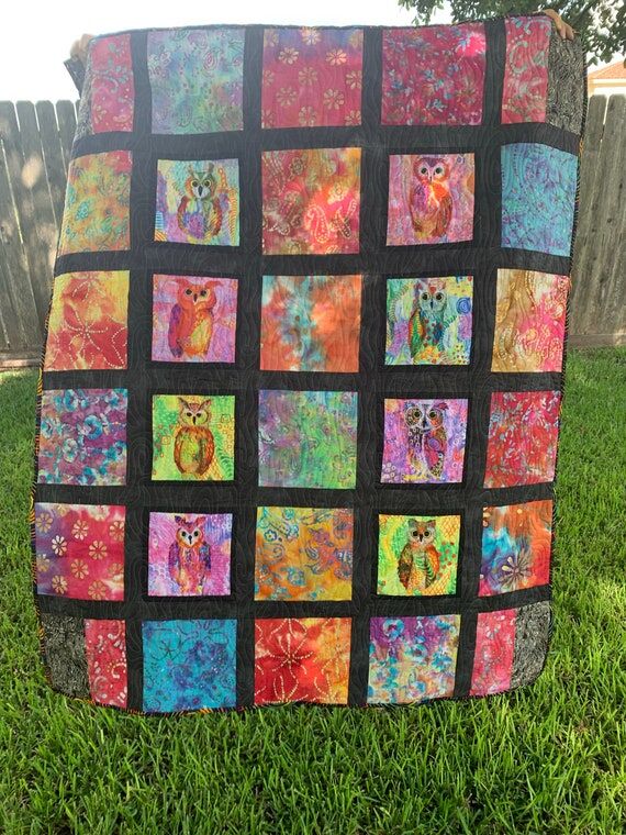 Handmade Quilt Rainbow Owls in Batik 54"...