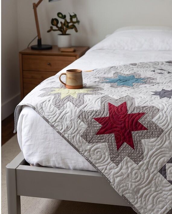 Handmade Modern Star Quilt- Grey Scale Quilt,...