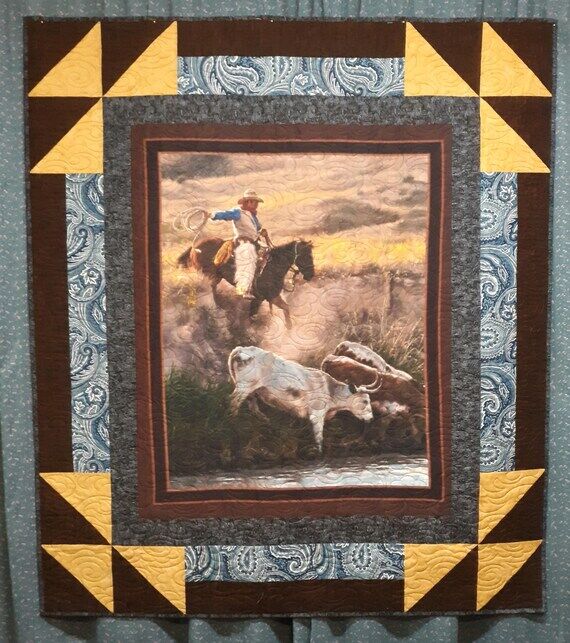 XL Handmade Trail Drive Lap Quilt: Panel, Wal...