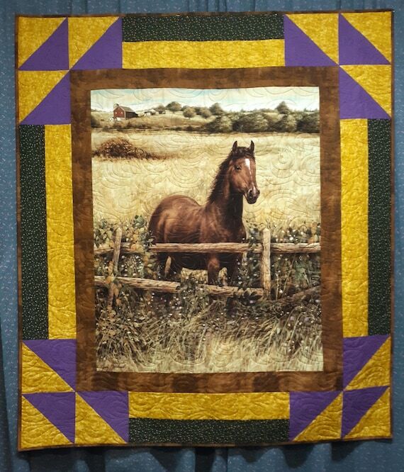 XL Handmade Horse At Fence Lap Quilt: Panel,...