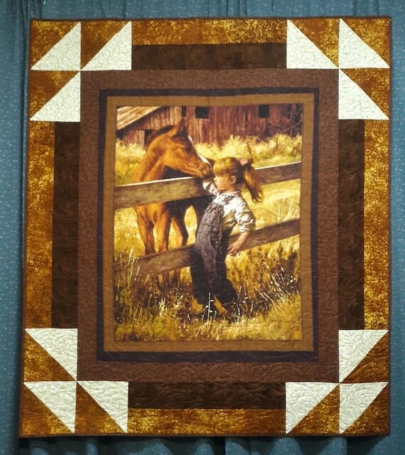 XL Handmade Cotton Quilt: Girl and Horse Pane...
