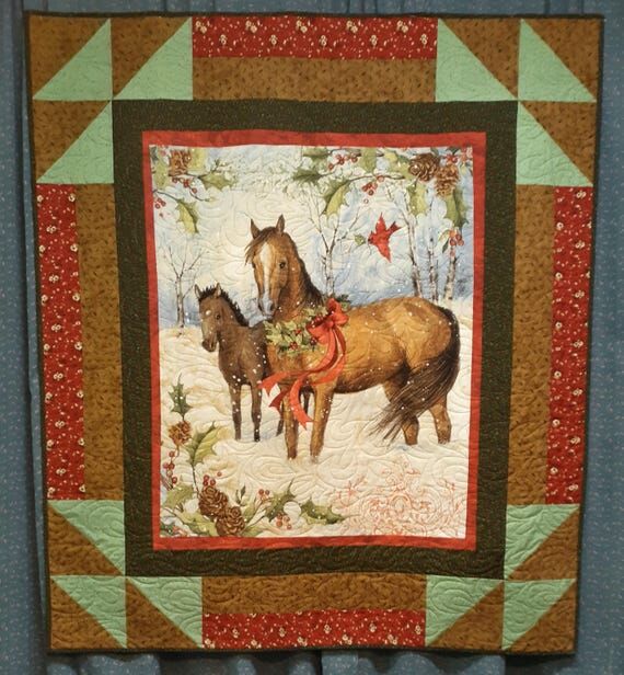 XL Handmade Christmas Horse Panel Lap Quilt, ...