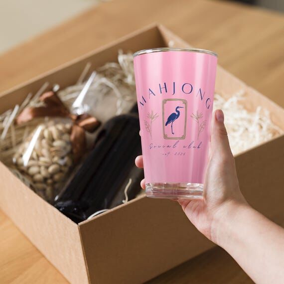 Pink and Blue Heron Mahjong Social Club Shake...