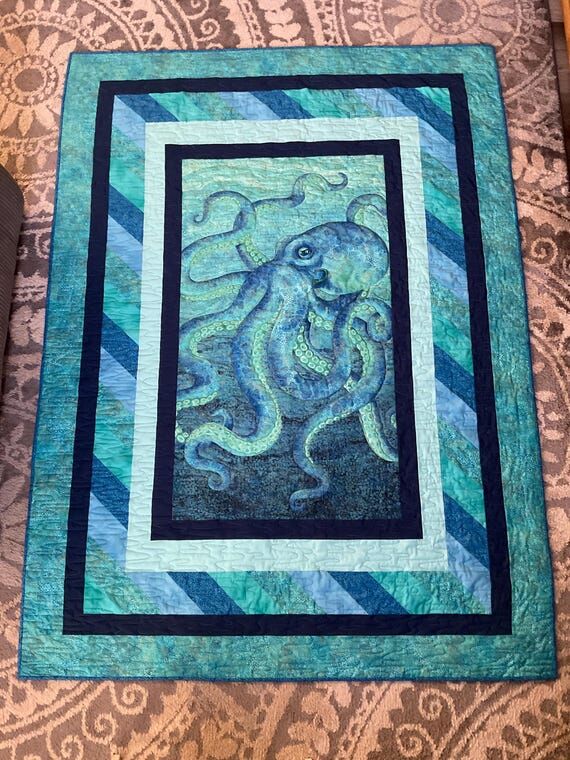 Handmade Ocean Octopus Quilt, Coastal Minky T...