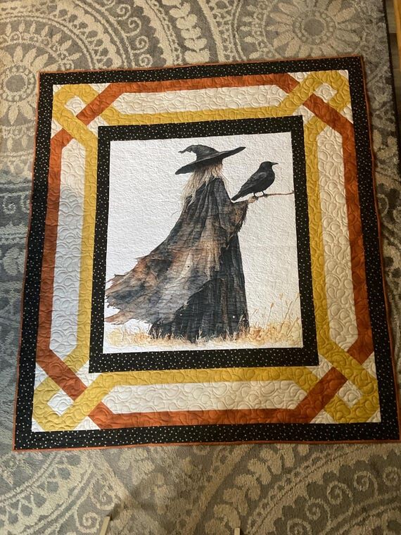 Witch & Raven Halloween Quilt | Gothic Autumn...