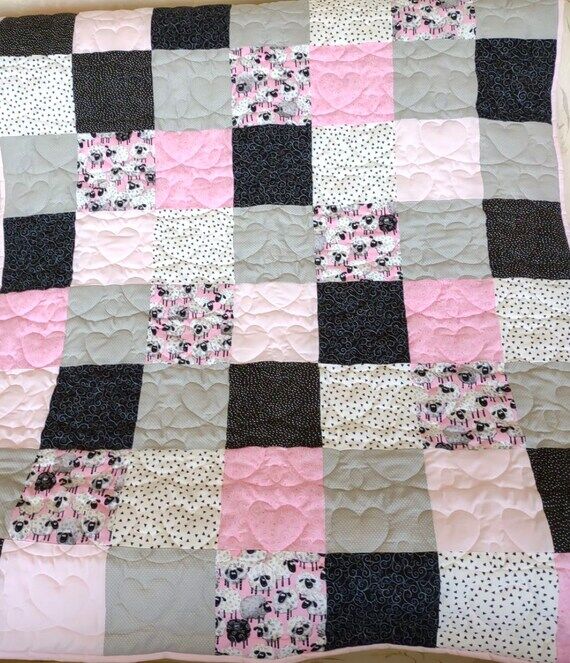Handmade Sheep Baby Quilt, Pink Black Gray He...