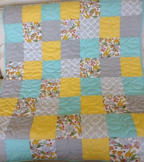 Safari Animals Baby Quilt: Handmade Teal & Gr...