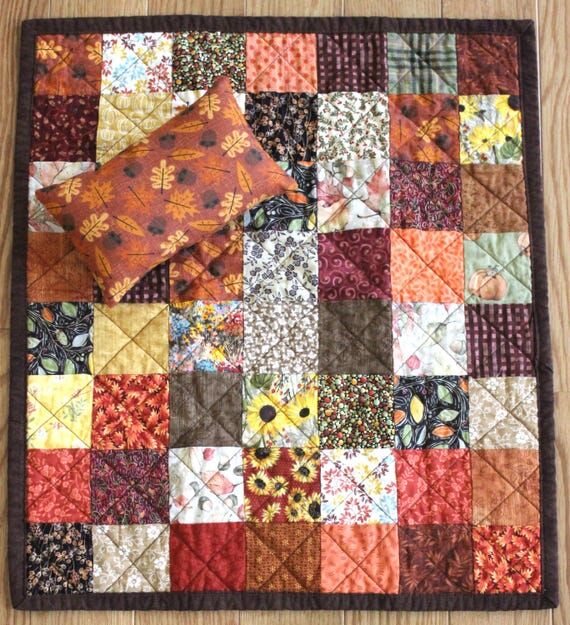 Fall Doll Quilt and Pillow Set, Autumn Prints...