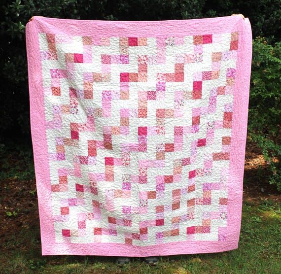 Handmade Quilt, 58x68, Soft Pink & Cream Geom...