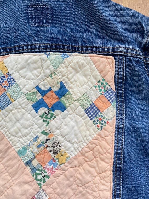 Upcycled Jean Jacket w/Vintage Quilt Back...
