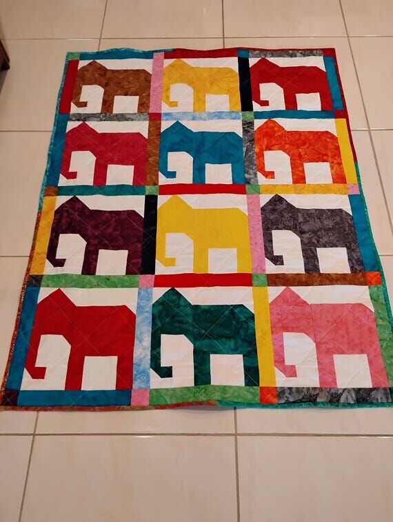 Batik Elephant Baby Quilt: Handmade Patchwork...