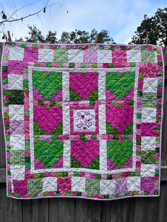 Pink and Green Hearts Child's Quilt...