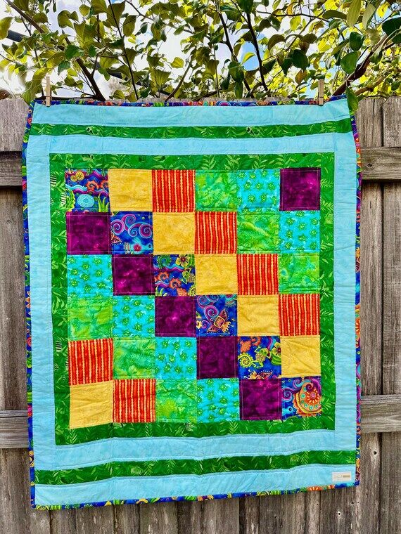 Rainbow Colored Whimsical Baby Quilt, Bright ...