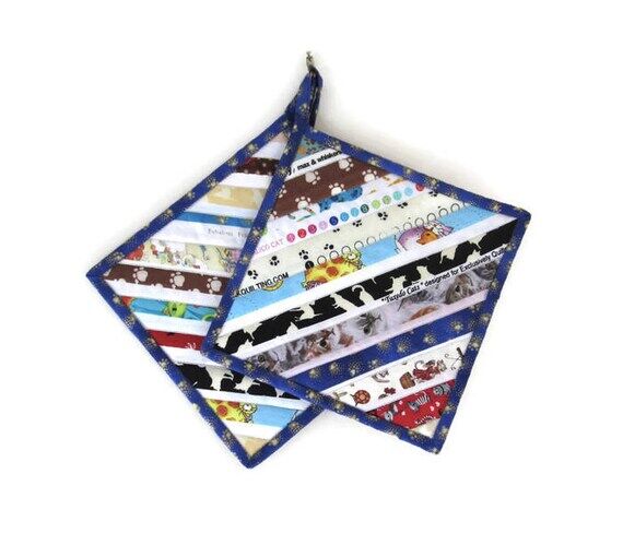 Quilted Cat Fabric Potholders, Selvedge Strip...
