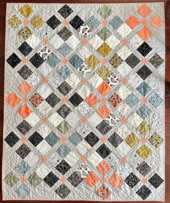 Handmade Patchwork Quilt: Coral, Gray, Blue &...