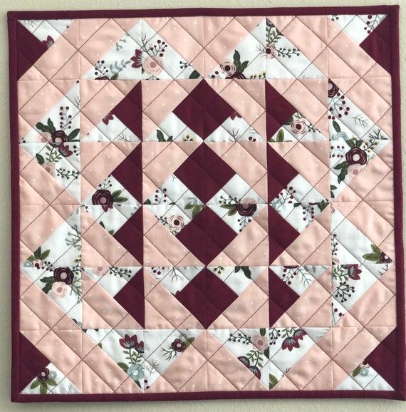 Floral Quilted Table Topper: Pink Burgundy Wa...