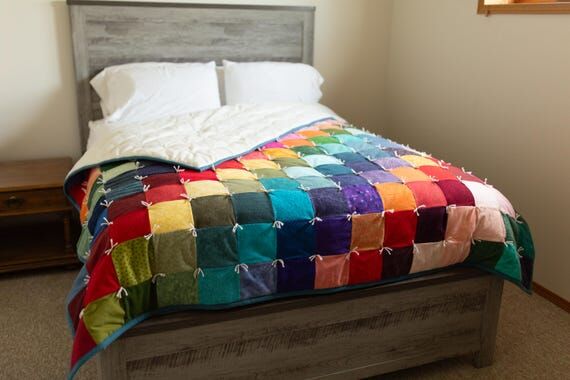 Bold Colorful Flannel Patchwork Quilt | Handm...