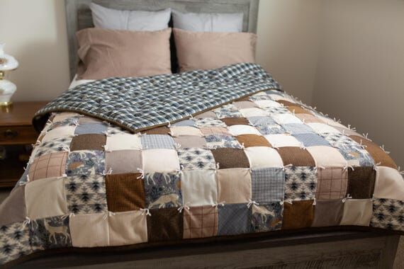 Hand-tied Flannel Patchwork Quilt with Deer a...