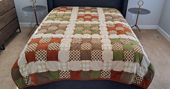 Handmade Flannel Patchwork Quilt: 70s Retro G...