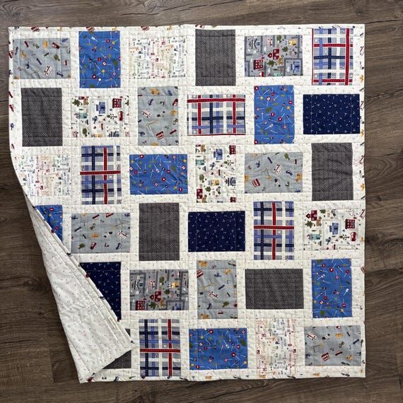 Handmade Baby Boy Quilt: Blue & Gray Vehicles...