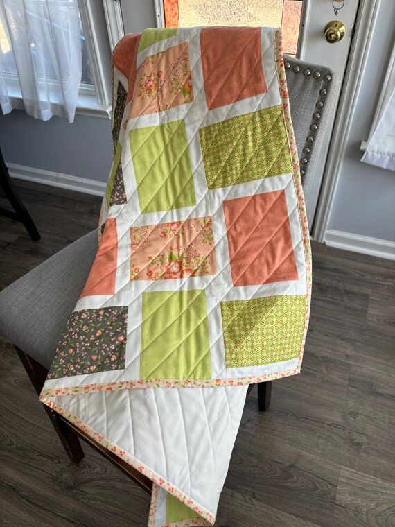 Handmade Baby Girl Quilt: Peach, Lime & Gray ...