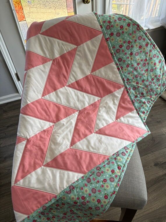 Handmade Baby Girl Quilt: Pink Chevron, Teal ...