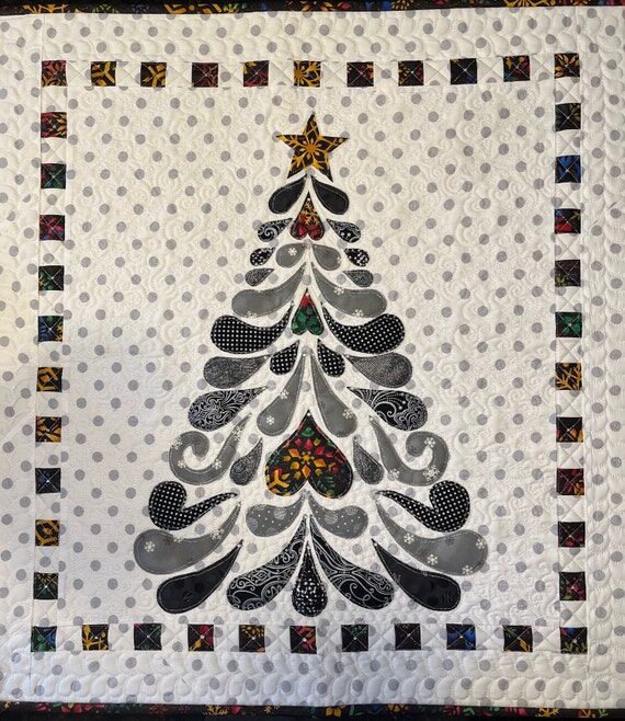Handmade Modern Christmas Tree Quilt, Gray Si...
