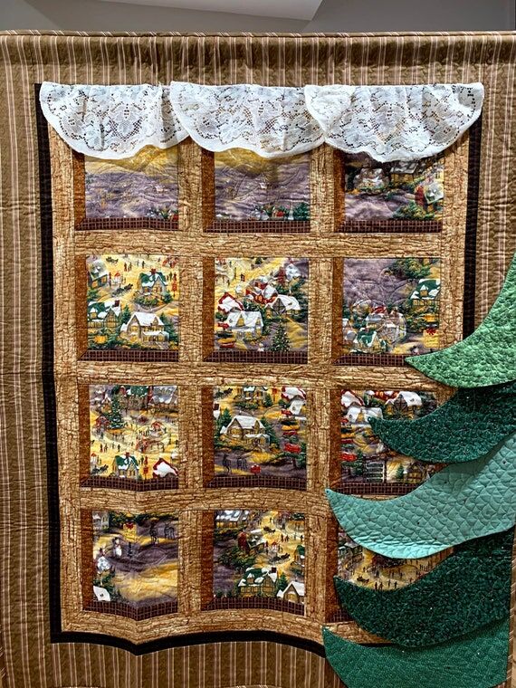 Handmade Christmas Village Quilt, 3D Lace, Co...