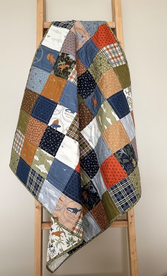 Dinosaur Baby Quilt, Modern Patchwork, Greens...