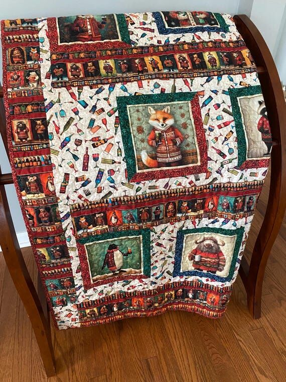 Holiday lap size quilt, vibrant colored holid...