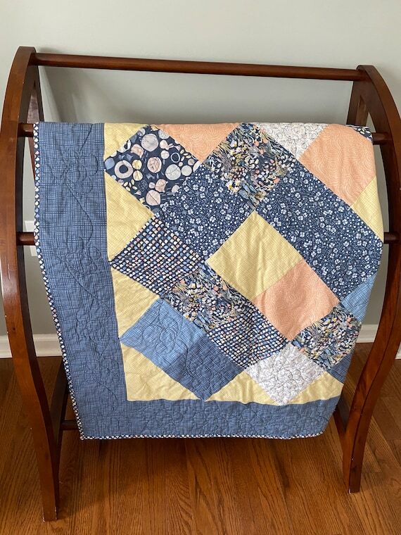 Handmade Throw Quilt, Blue Yellow Peach, Fore...