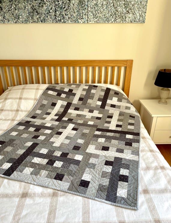 Patchwork Quilt, Modern Geometric, Grey, Hand...