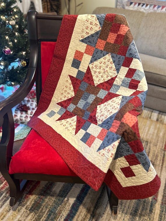 Americana Star Quilt: Handmade Cotton Throw 4...