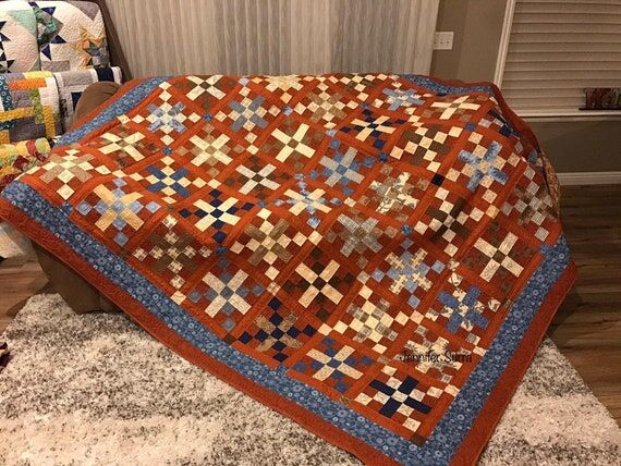 Rusty Chains: Handmade Quilt in Blues, Tans, ...