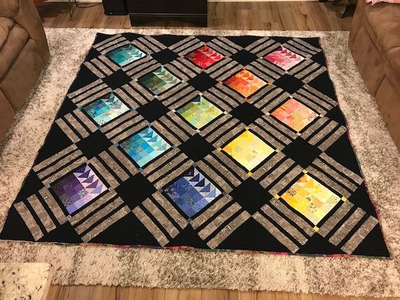 Color Blocks: Handmade Quilt in Rainbow color...