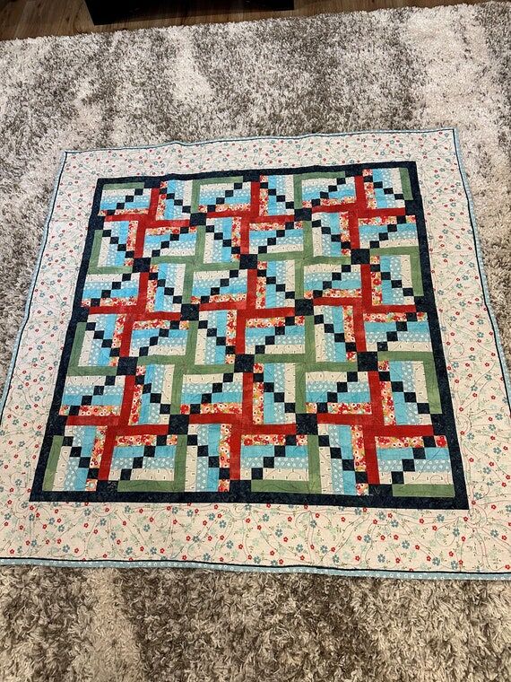 Road to Ireland: Handmade quilt in blue, red ...
