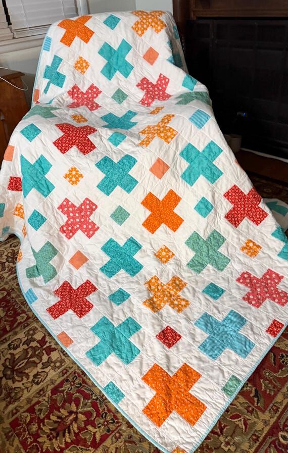 Handmade cross quilt (77x87) pieced in bright...