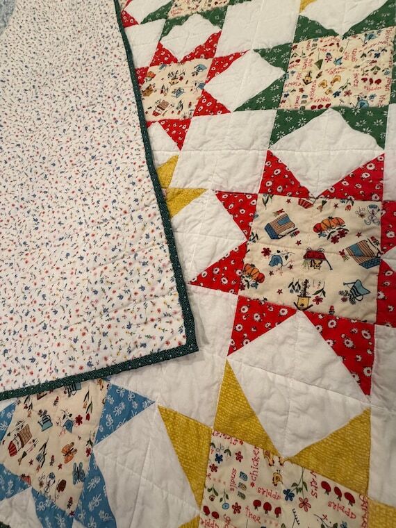 Handmade star lap size quilt (53.5x66) featur...
