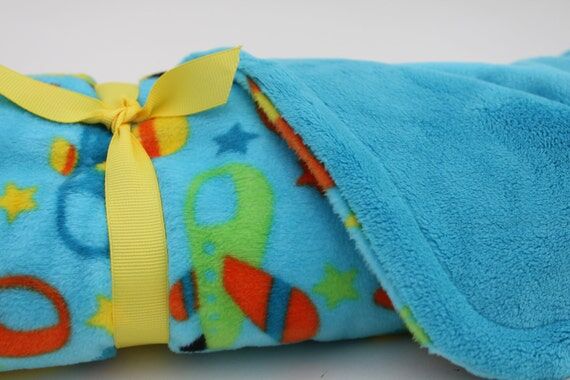 Baby Blanket Minky Boy Airplanes Blue Handmad...