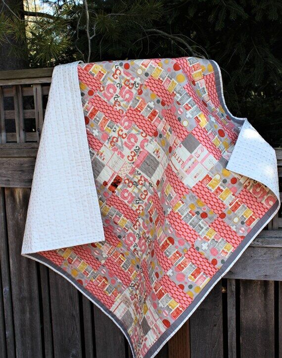 Numbers Throw Quilt: Pink Orange Cotton Homem...