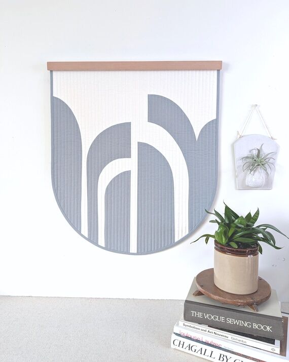 Dusty Blue and White Linen Abstract Quilted W...