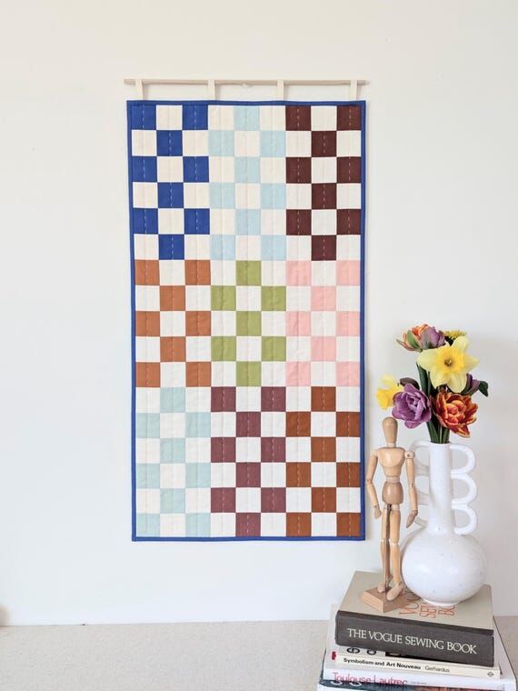 Hand Quilted Checkerboard Wall Hanging: 90s S...
