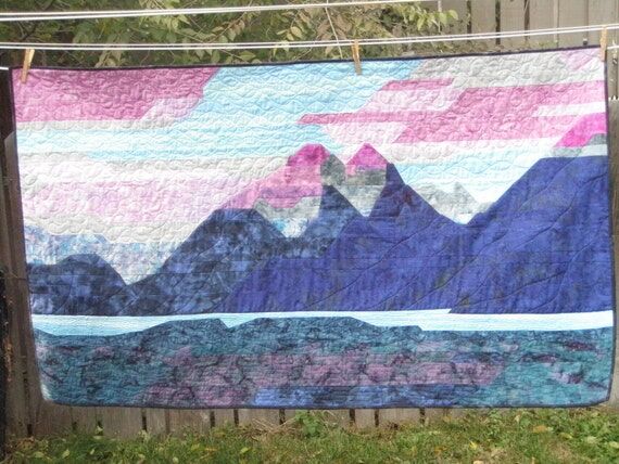 Landscape quilt wall hanging Lake and Mountai...