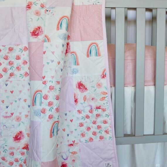 Watercolor Rainbow Baby Quilt: Floral Hearts ...